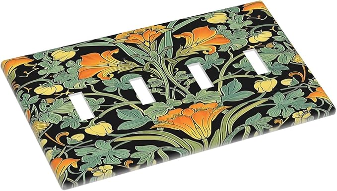 Light Switch Covers William Morris Vintage Floral Green Yellow Quad Toggle Electrical Faceplate 4 Gang Wall Plate Decorative Switch Plates for Bedroom Home Decor