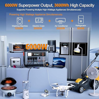 OSCAL 120V/240V Solar Generator 6000W(Peak 9000W) with 2x200W Solar Panel,Promax6000 Dual Voltage 3600WH Lifepo4 Battery Portable Power Station with 14 Outlets,2200W 1.96H Fast Charge,for Home Backup