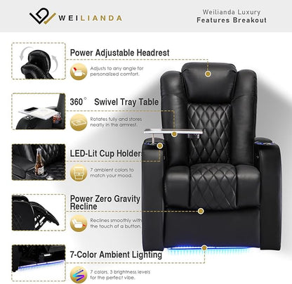 Weilianda Home Theater Seating Top Grain Leather Zero Gravity Recliner Chair Power Headrest Recline Movie Seat Gaming 7 Colors Mood Light Sofa with Tray Table USB Charge Row of 2 Loveseat Black