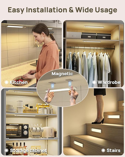 Under Cabinet Lighting with Remote Control,2500mAh USB Rechargeable Motion Sensor Light Indoor,350 Lumen LED Closet Light,3 Color Temps Wireless Under Counter Lights for Bedroom,Wardrobe,Stairs,6 Pack