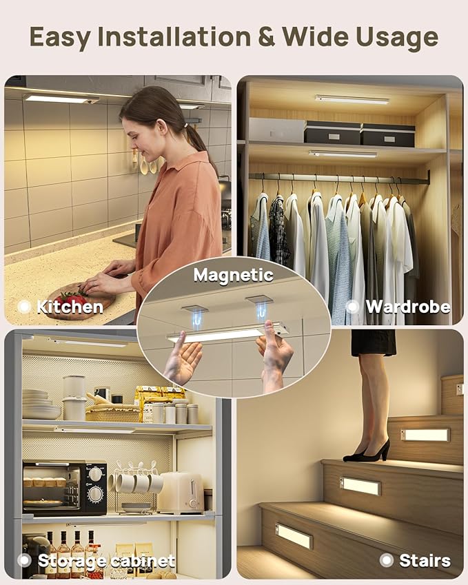 Under Cabinet Lights Wireless, 12'' Rechargeable Motion Sensor Light Indoor, 3 Color Temperature Dimmable Closet Lighting with Remote, Under Counter Lights for Kitchen, Pantry, Stairs, Wardrobe