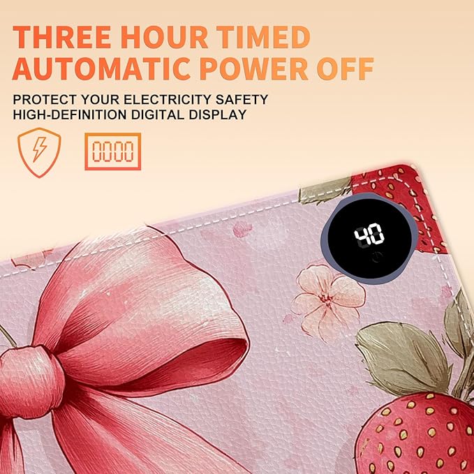 Heated Mouse Pad 31.5x13 in 3-Temp Fast Heating Desk Mat with Auto Timer Warmer for Hands Wrist Pain Relief Waterproof Keyboard Mat for Office, Gaming, Home, Pink Bow Floral
