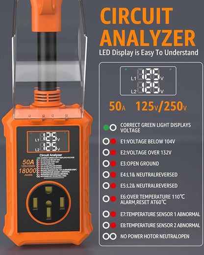 RV Surge Protector 50 Amp with Smart LED Display, 18000J Circuit Analyzer Waterproof with Auto Shutoff & Reset for High/Low Voltage, 50 Amp Rv Surge Protector for Camper, Travel Trailer