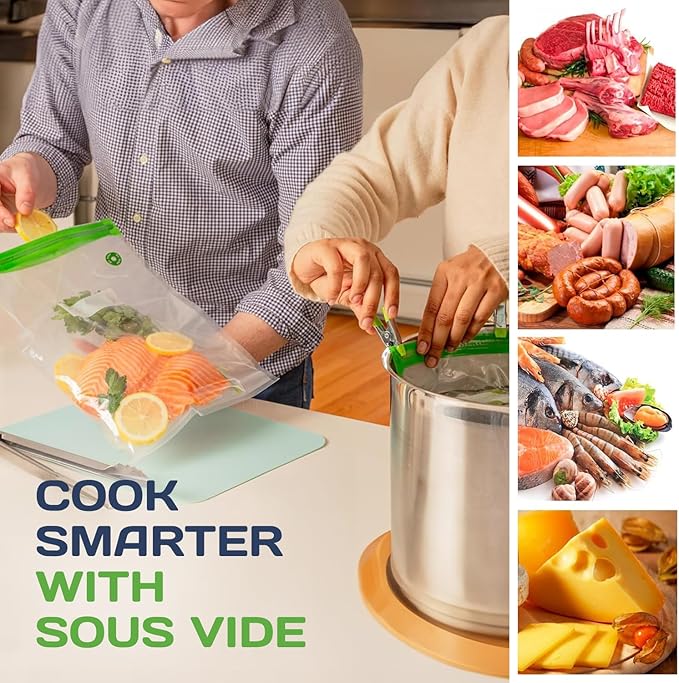 SOUSVIDE ART 37pcs Reusable Vacuum Seal Bags with Vacuum Sealer - 30 Cooking and Storage Bags of 3 Sizes with Pump and Sous Vide Cooker Accessories - Food Safe Kit, Keeps Food Fresh