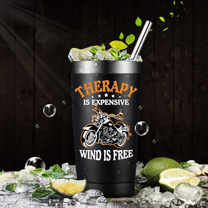 Fufandi Motorcycle Gifts for Men - Therapy Is Expensive Wind Is Free Motorcycle Gifts Tumbler - Christmas Fathers Day Gift for Motorcycle Lovers, Dad, Boyfriend - Tumbler Cup 20oz