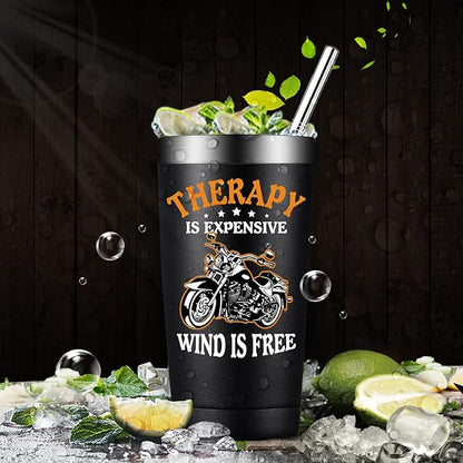 Fufandi Motorcycle Gifts for Men - Therapy Is Expensive Wind Is Free Motorcycle Gifts Tumbler - Christmas Fathers Day Gift for Motorcycle Lovers, Dad, Boyfriend - Tumbler Cup 20oz