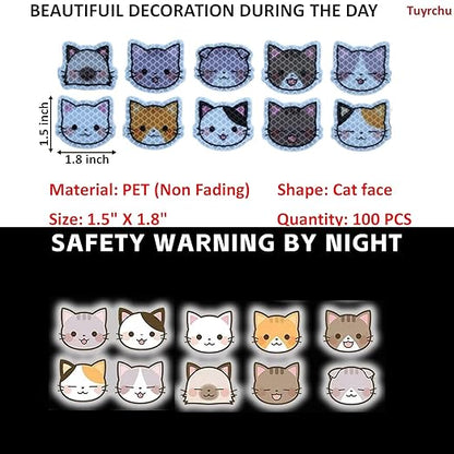 Reflective Stickers 100 Pcs, Outdoor Waterproof High Visibility Warning Safety Adhesive Reflector (1.5" X 1.8", Cat face)