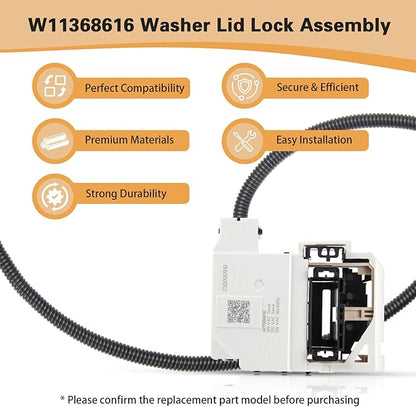 W11368616 Washer Lid Lock Assembly, Replaces W11670519, AP7214714 for Whirlpool & Maytag, Door Latch Replacement for PD00085482, 4981394