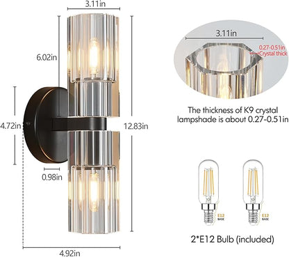 Modern Black Wall Sconces Set of Two Bedroom Crystal Wall Sconces Indoor Sconces Wall Lighting Living Room Sconces with K9 Crystal Lampshade for Bathroom Hallway Entryway Stairway