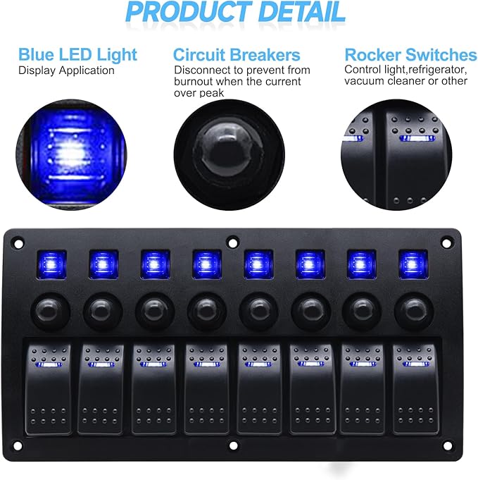 8 Gang Marine Switch Panel, Boat Rocker Switch Panel Waterproof, 12V Aluminum Switch Panel, Marine Toggle Switches ON/Off with Circuit Breaker 5A 10A 15A for Car RV Truck (Blue)