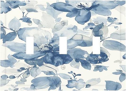 Decorative Switch Plates Blue Watercolor Floral 3 Gang Wall Plate Triple Toggle Light Switch Cover Faceplate Electrical Wall Panels for Bedroom Bathroom Decor