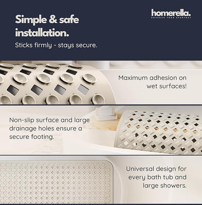 homerella® Bathtub Mat Non Slip 35x16, Incl. Hooks for Drying, Extra Long, 100% BPA Free, Shower Mat Non Slip Anti Mold, Machine Washable, Shower Mats for Inside Shower Mildew Resistant