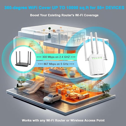 WiFi Extender Signal Booster,WiFi Extender, 5G WiFi Booster (Up to 10000sq. ft for 55+ Devices), WiFi Repeater with 4 Antennas 360° Coverage, WPS 1-Tap Setup with Dual Band 1200Mbps (White)