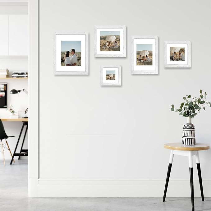 iRahmen 6x6 Picture Frame Set of 4 with High Definition Glass, Distressed White Frames Display 4x4 Picture with Mat or 6 x 6 Without Mat, Wood Square Photo Frame for Wall Mount and Tabletop Display
