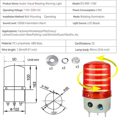 Industrial Warning Light LED Rotating 110V-120V AC Red for Public Emergency Alarms Indoor/Outdoor Safety Siren with Volume Adjustment and Buzzer