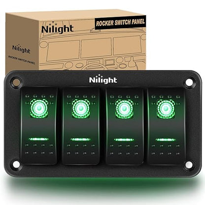 Nilight 4 Gang Rocker Switch Panel 5Pin On Off Toggle Aluminum Holder 12V 24V Dash Pre-Wired Green Backlit Switches for Automotive Cars Marine Boats RVs Truck