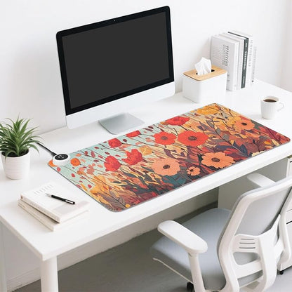 Heated Desk Pad Mouse Pad 31.5x13 Inch PU Leather Desk Mat with 3 Heat Levels Large Mouse Gaming Computer Laptop Mat Autumn Poppy Flowers