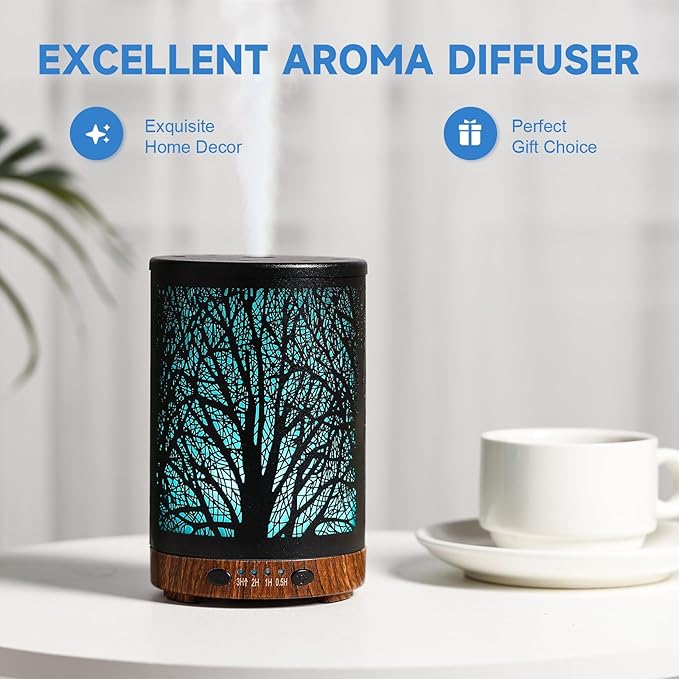 Essential Oil Diffuser 120ML Metal Aromatherapy Diffuser, Cool Mist Humidifier with Auto Shut-Off Protection 7 Color Lights for Home Office Spa (Tree)