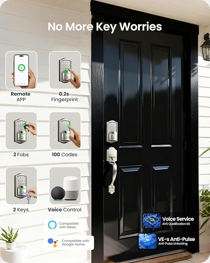 Veise VE027-H WiFi Fingerprint Smart Deadbolt Lock with Handleset, App Remote Control, Keyless Entry Front Door Lock Set, Built-in Wi-Fi, Touchscreen Keypad, Auto-Lock, Easy Setup, Satin Nickel