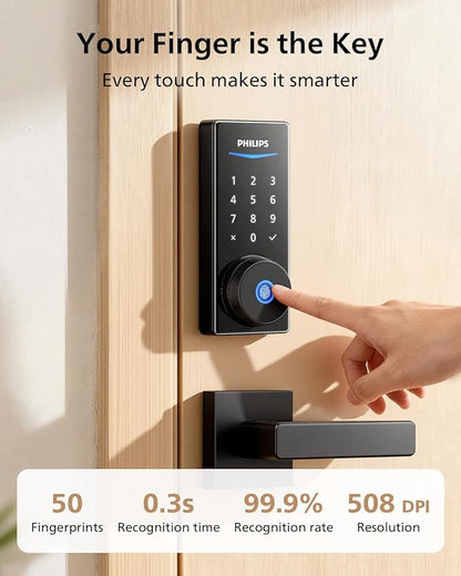 Philips Bluetooth Smart Door Lock with Matter, Keyless Entry Door Lock with App Control, Fingerprint Front Door Lock Set, Keypad Deadbolt Lock with Apple Home, Alexa, Google, Touchscreen Smart Lock