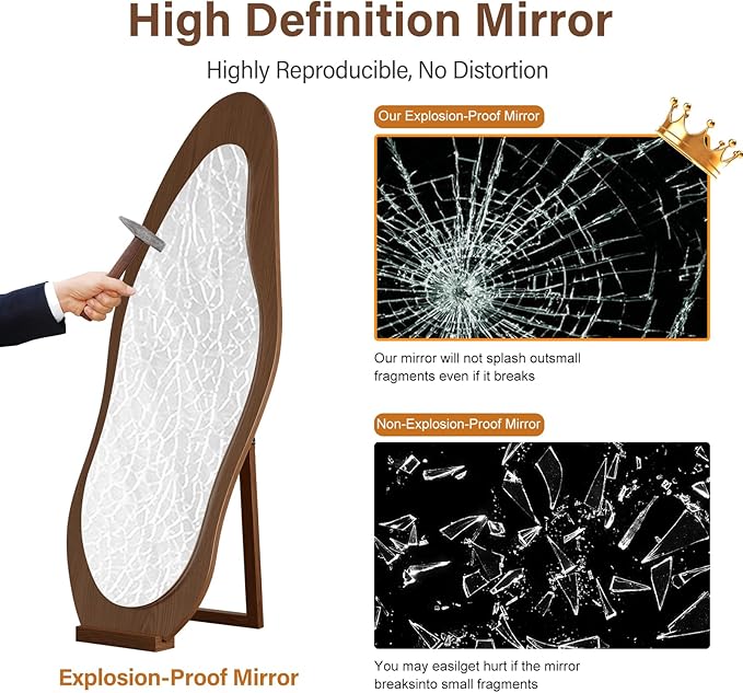 WoodsWhisper 69"x 24" Wavy Mirror Full Length,Lights Irregular led Full Length Mirror, Wavy Wall Mirrors,Shatter-Proof Hanging or Leaning Against Wall for Cloakroom/Bedroom/Living Room,Walnut