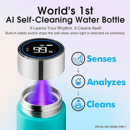Vsitoo Smart self cleaning Insulated Water Bottle, 15oz Stainless Steel Vacuum Flask, AI Self-Clean, 30-Day Battery Life, BPA-Free, Magnetic Charging, Portable Travel Mug Gifts for Men Women, Blue