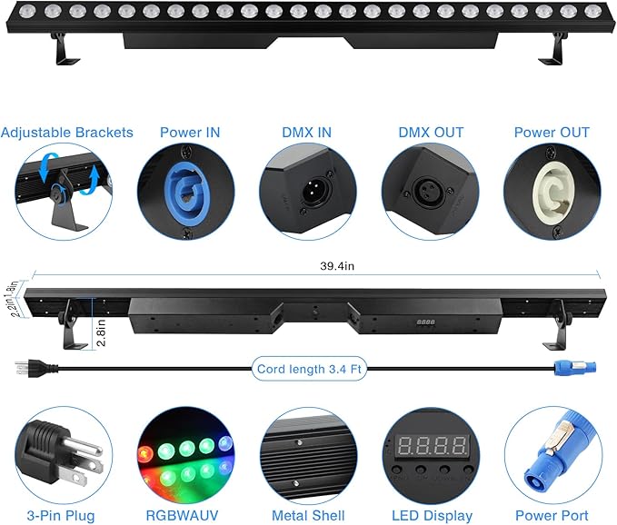 LED Stage Wash Light Bar - OPPSK 150W 6IN1 RGBWA+UV Color Changing Linear Wall Washer DJ Light Bar by DMX 8 Zones Control Sound Activated Uplight for Event Party Church Wedding Stage Lighting