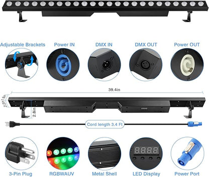 LED Stage Wash Light Bar - OPPSK 150W 6IN1 RGBWA+UV Color Changing Linear Wall Washer DJ Light Bar by DMX 8 Zones Control Sound Activated Uplight for Event Party Church Wedding Stage Lighting