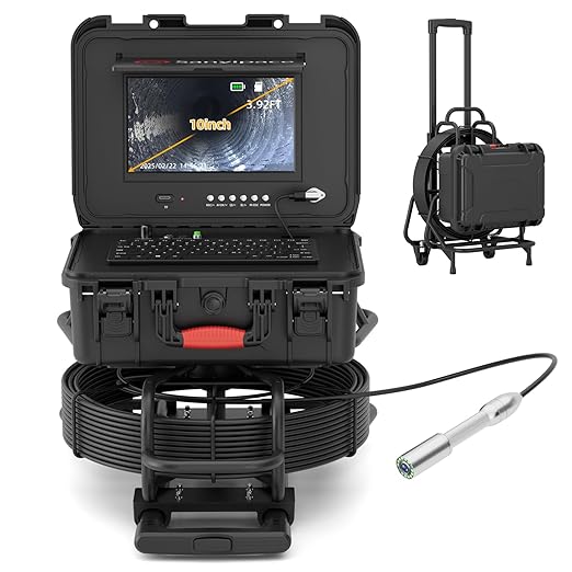 Sanyipace Sewer Camera 165FT/50M with Wheels and Retractable Handle, Self-Leveling, Support 512Hz Locator, Meter Counter, Video Audio Record, Speaker, Keyboard Input, 5x Zoom, 10" HD Screen, 7mm Cable
