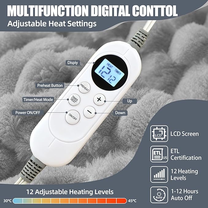 Electric Heated Blanket Throw 50" x 60" Soft Ribbed Faux Fur Flannel Fast Heating 12 Heat Levels 1–12H Timer & Overheat Protection & Auto Shut-Off & ETL FCC & Machine Washable Heated Throw (Gray)