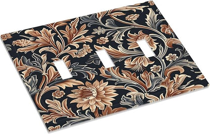 Decorative Switch Plates Vintage Grey Plant Leaves Brown Flowers 3 Gang Wall Plate Triple Toggle Light Switch Cover Faceplate Electrical Wall Panels for Bedroom Home Decor