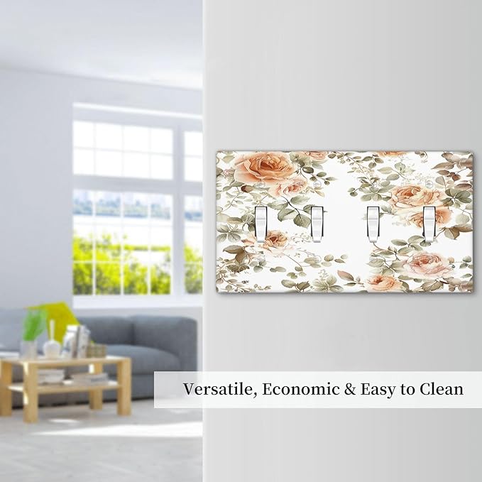 Light Switch Covers Vintage Warm Color Orange Flowers And Leaves Quad Toggle Electrical Faceplate 4 Gang Wall Plate Decorative Switch Plates for Bedroom living Room Decor