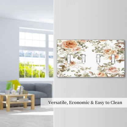 Light Switch Covers Vintage Warm Color Orange Flowers And Leaves Quad Toggle Electrical Faceplate 4 Gang Wall Plate Decorative Switch Plates for Bedroom living Room Decor