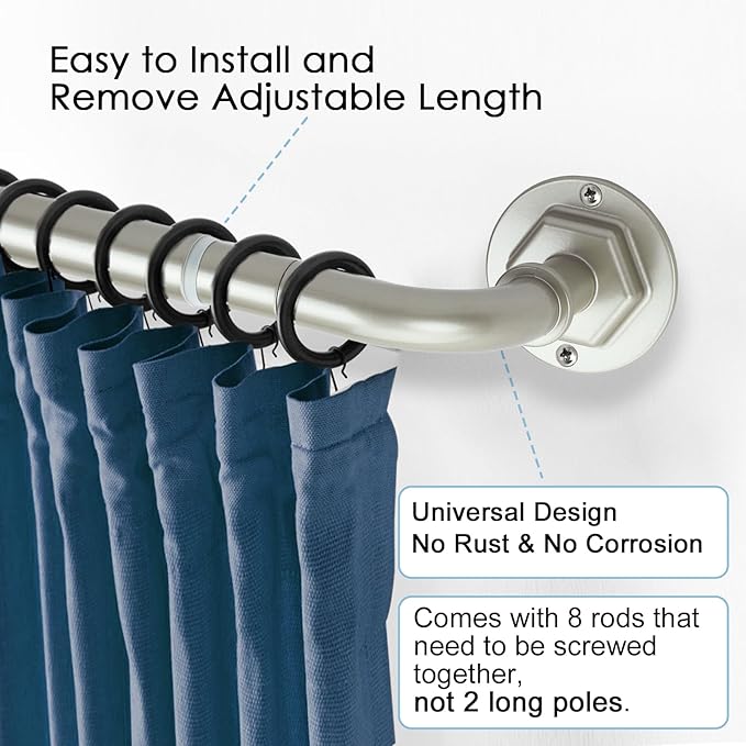 Curtain Rods for Windows 16 to 120 Inches Adjustable Blackout Wrap Around 1 Inch Diameter Curtain Rod, Brushed Nickel