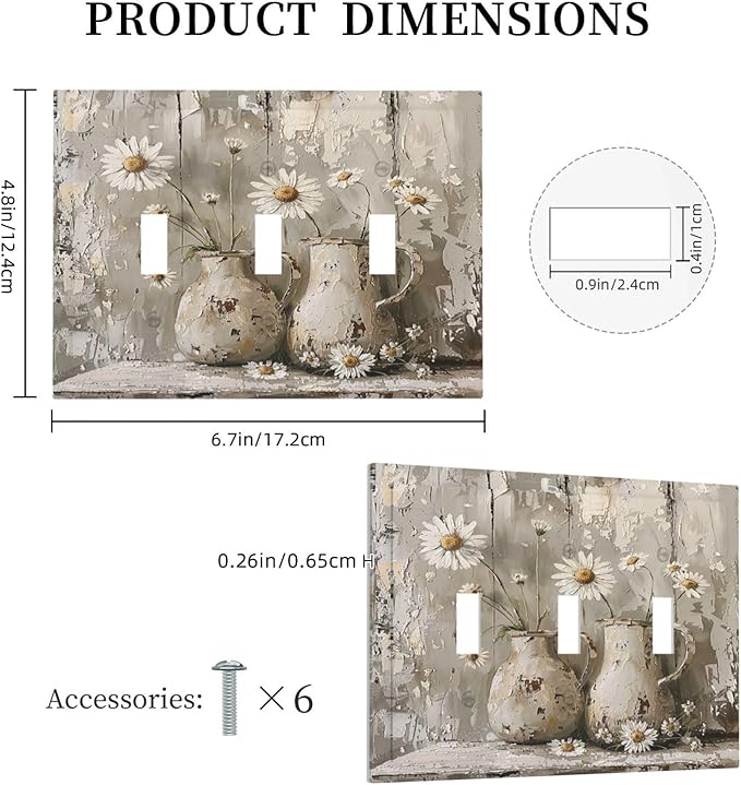 Decorative Switch Plates Vintage Rustic Floral White Daisy Flower Oil Painting Style 3 Gang Wall Plate Triple Toggle Light Switch Cover Faceplate Electrical Wall Panels for Home Farmhouse