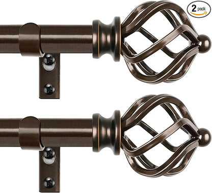 KAMANINA 2 Pack Curtain Rods 32 to 86 Inches (2.6-7.1ft), 3/4 Inch Curtain Rods for Windows Splicing Adjustable Single Drapery Rod with Twisted Cage Finial, for Indoor and Outdoor, Bronze