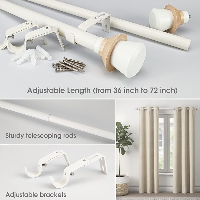 Nordic Style White Single Curtain Rod Set with Decorative Finials, 36-72 inch, Standard Single Drapery Rod for 1 Pack, 1 Inch diameter, Adjustable Length (36-72'', White)