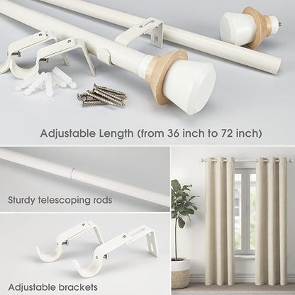 Nordic Style White Single Curtain Rod Set with Decorative Finials, 36-72 inch, Standard Single Drapery Rod for 1 Pack, 1 Inch diameter, Adjustable Length (36-72'', White)