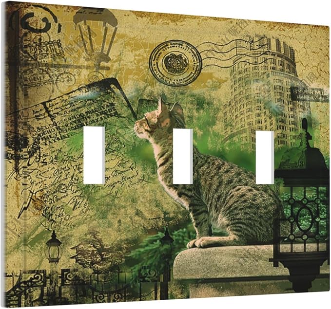 Decorative Light Switch Cover Plate Vintage Style Cat City Stamp 3 Gang Wall Plate Triple Toggle Switch Plate Covers Electrical Outlet Cover for Bedroom Home Decor