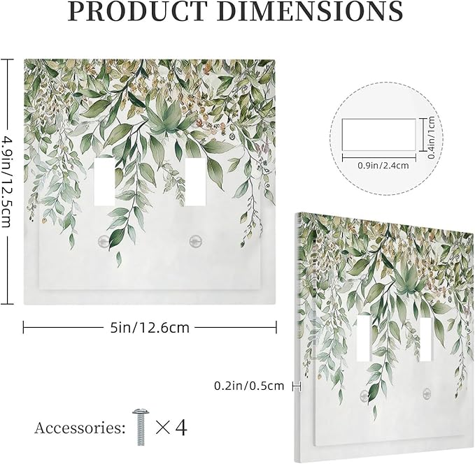 Decorative Switch Plates Sage Green Eucalyptus Watercolor Plant Leaves 2 Gang Double Toggle Outlet Light Switch Cover Wall Plate Electrical Faceplate for Bedroom Bathroom Decor