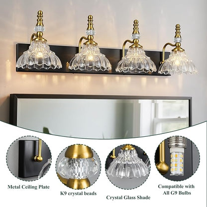 Vintage Bathroom Vanity Light, 4-Light Black Gold Vanity Lighting Fixture with Flower Glass Shade, Bathroom Lighting Fixtures Over Mirror