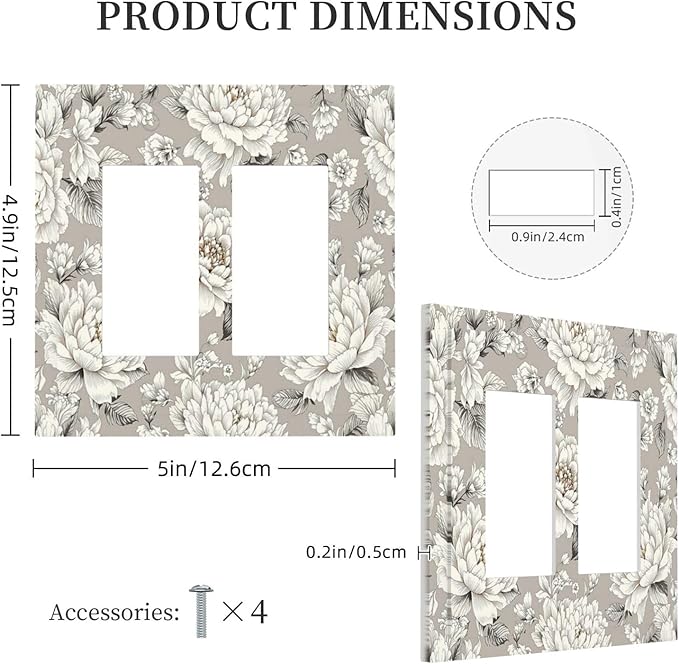 White Poppies Floral Modern Grey Peonies Flowers Decorative Outlet Covers 2 Gang Double GFCI Rocker Light Switch Cover Plate Electrical Wall Panels for Bedroom Bathroom Decor