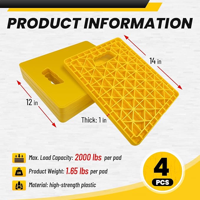 ROBLOCK Large RV Jack Stabilizer Pads,Sinking Resistant Stackable Camper Stabilizer Pads with Easy-Grip Handle and Handy Strap, Easy Storage & Organization, Yellow 4 Pack 14" x 12"