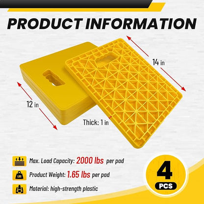 ROBLOCK Large RV Jack Stabilizer Pads,Sinking Resistant Stackable Camper Stabilizer Pads with Easy-Grip Handle and Handy Strap, Easy Storage & Organization, Yellow 4 Pack 14" x 12"