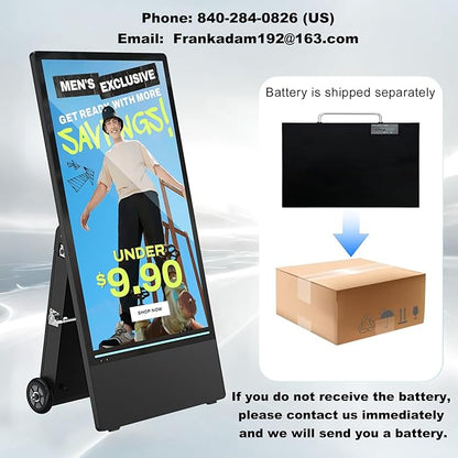 43 Inch Outdoor Digital Signage Displays, Rechargeable Digital LCD Kiosks, Moveable Commercial Totem, IP65 Waterproof, Auto Adjustment 2000nits High Brightness Screen, High Capacity Battery for Restaurant/Bar/Food Truck/Store