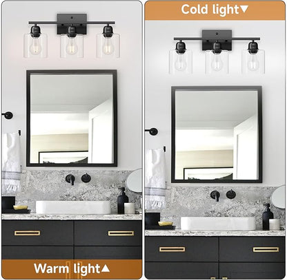 Modern 3 Light Bathroom Light Fixtures, 19 inch Black Vanity Lights For Bathroom With Clear Glass, Bathroom Lighting Fixtures Over Mirror For Mirror Kitchen Living Room Hallway Cabinet Porch