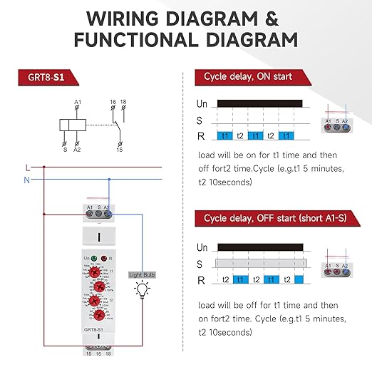 Asymmetric Cycle Timer Relay 1SPDT AC 230V 16A Long or Short Period Repeat Cycle Tntermittent Timer Electronic Relay in Din Rail (GRT8-S1 AC 230V)