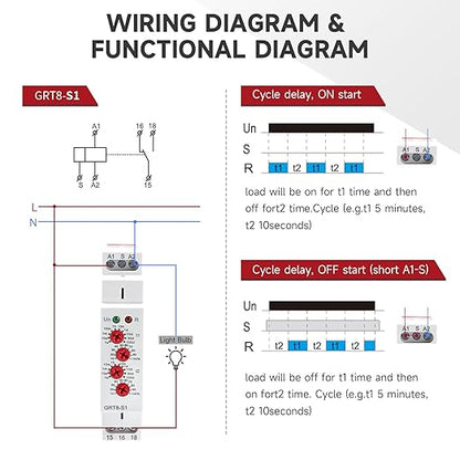 Asymmetric Cycle Timer Relay 1SPDT AC 230V 16A Long or Short Period Repeat Cycle Tntermittent Timer Electronic Relay in Din Rail (GRT8-S1 AC 230V)