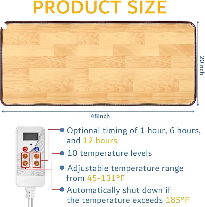 PVC 110V Heated Floor Mat Heater for Foot Warmer Under Desk 48 x 20 Inch Carbon Crystal Wood Stripe Electric Heating Carpet Pad Energy Saving Indoor Heated Rug for Home Office House Brown