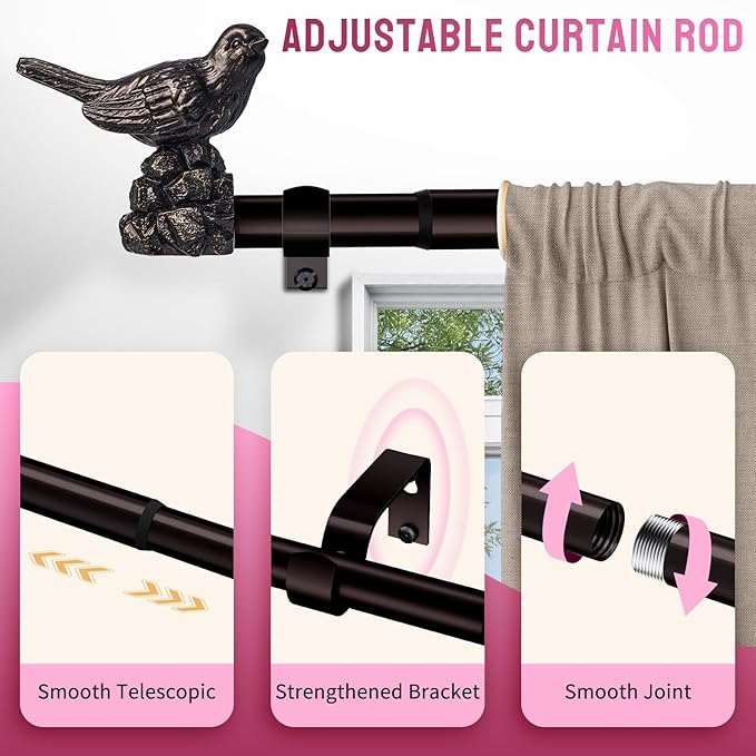 Curtain Rods for Window 18 to 45 Inches Vintage Bronze Curtain Rod with Bird Finials Adjustable Drapery Rod Heavy Duty Curtains Rods for Living Room Kitchen Window